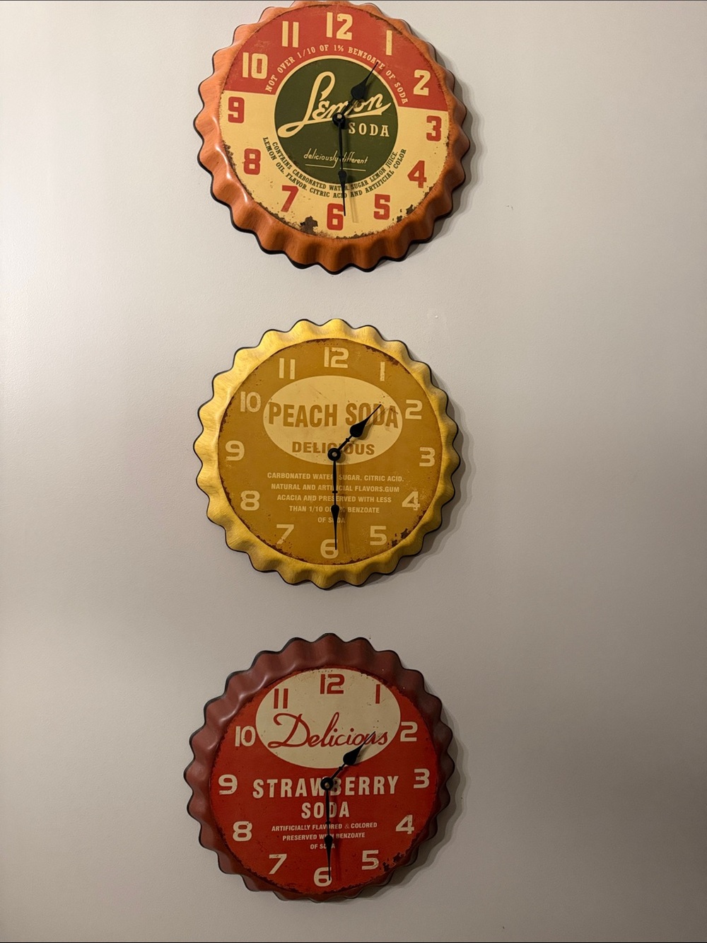 Vintage Looking Soda Wall Clock Set of 3  - Yellow Retro Bottle Cap Design